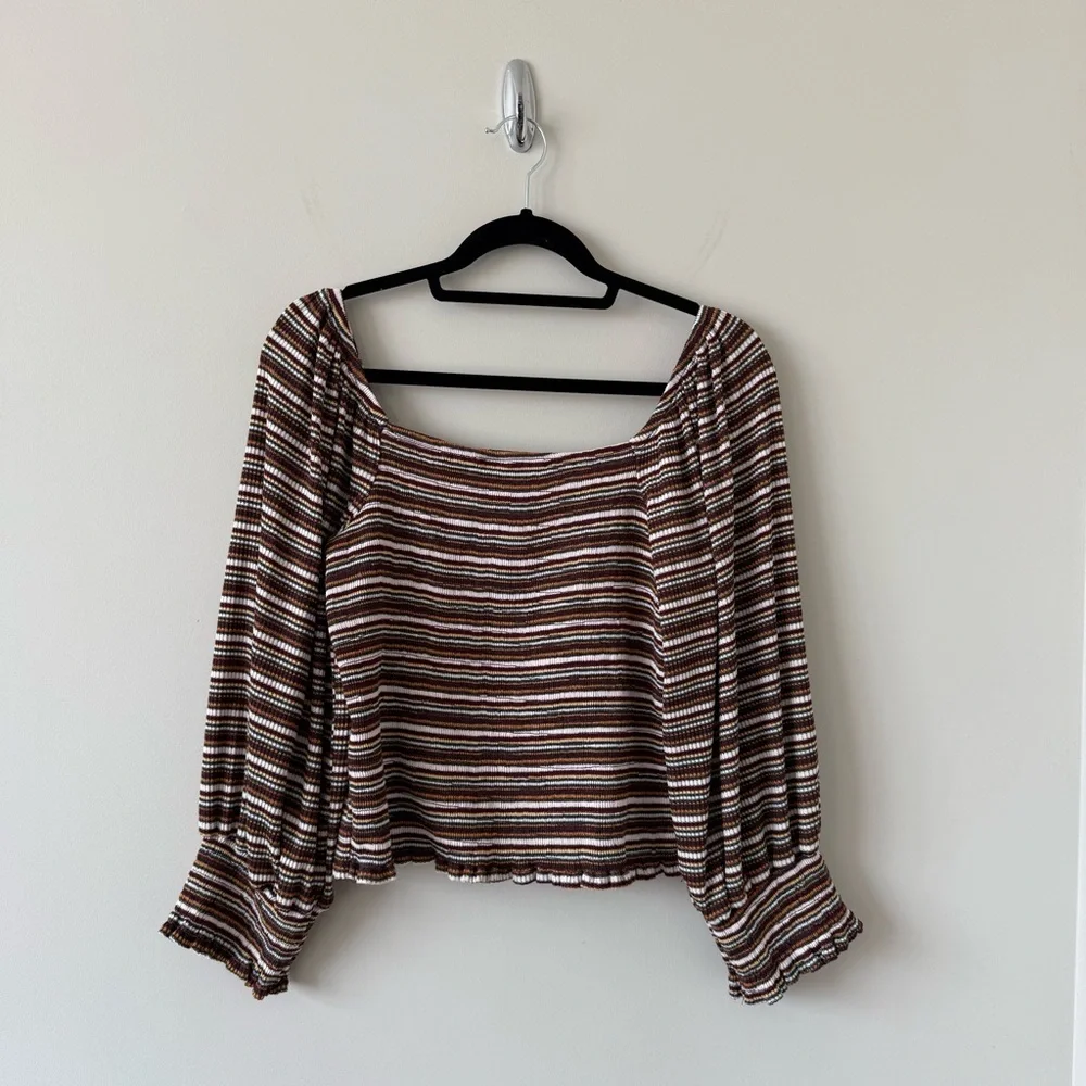 Anthropology- Smocked Puff-Sleeved Striped Knit Top (Size:Large) - Picture 5 of 10